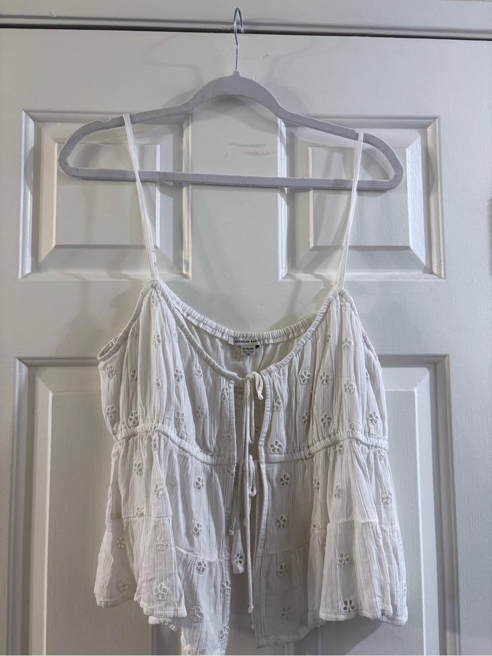 American Eagle Outfitters White Eyelet Peasant Tie-Front Top